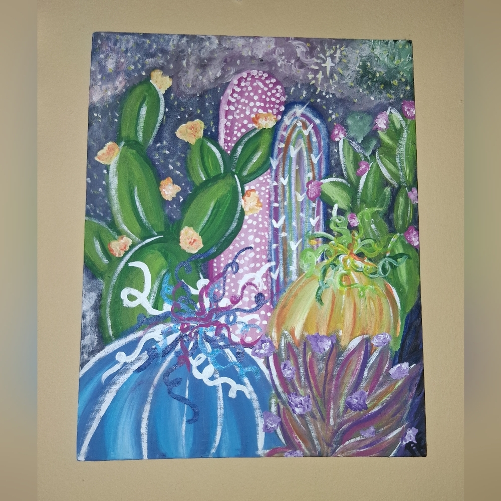 Original Fall Colorful Cactus Art Flat Canvas 11x14